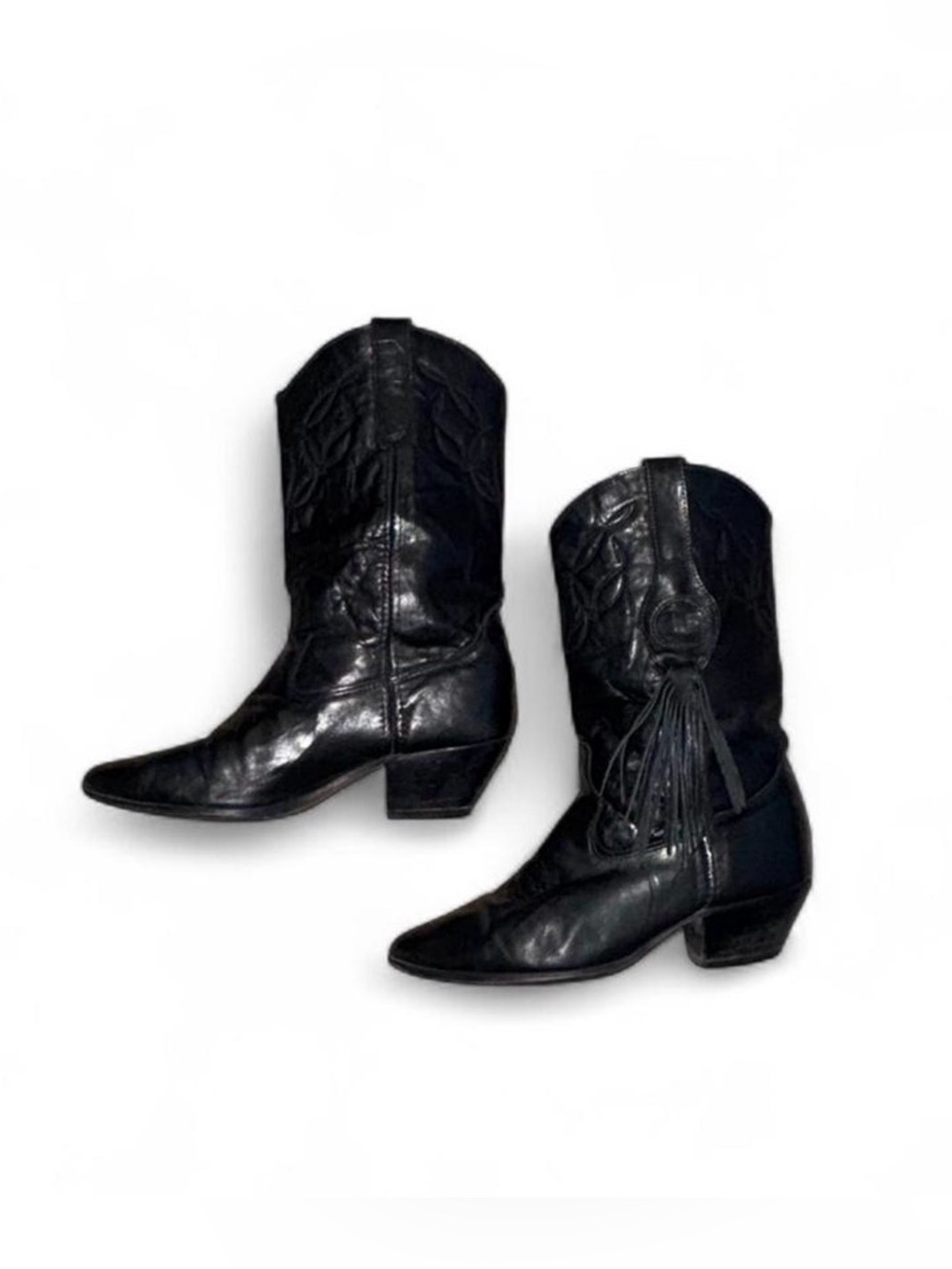 Vintage 1980s Laredo Black Leather Fringe Tassel Western Boots- Sz 6 Made in USA